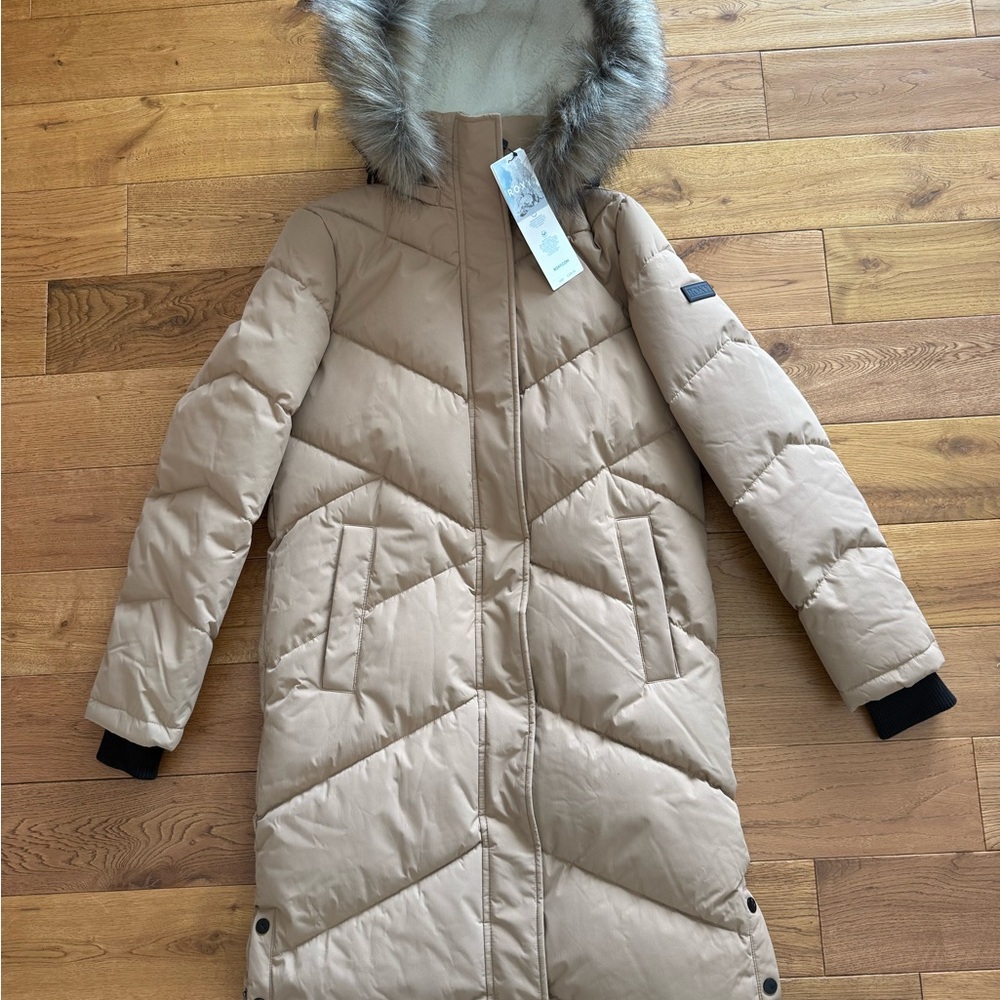 Roxy Beige Puffer Jacket with Faux Fur Hood